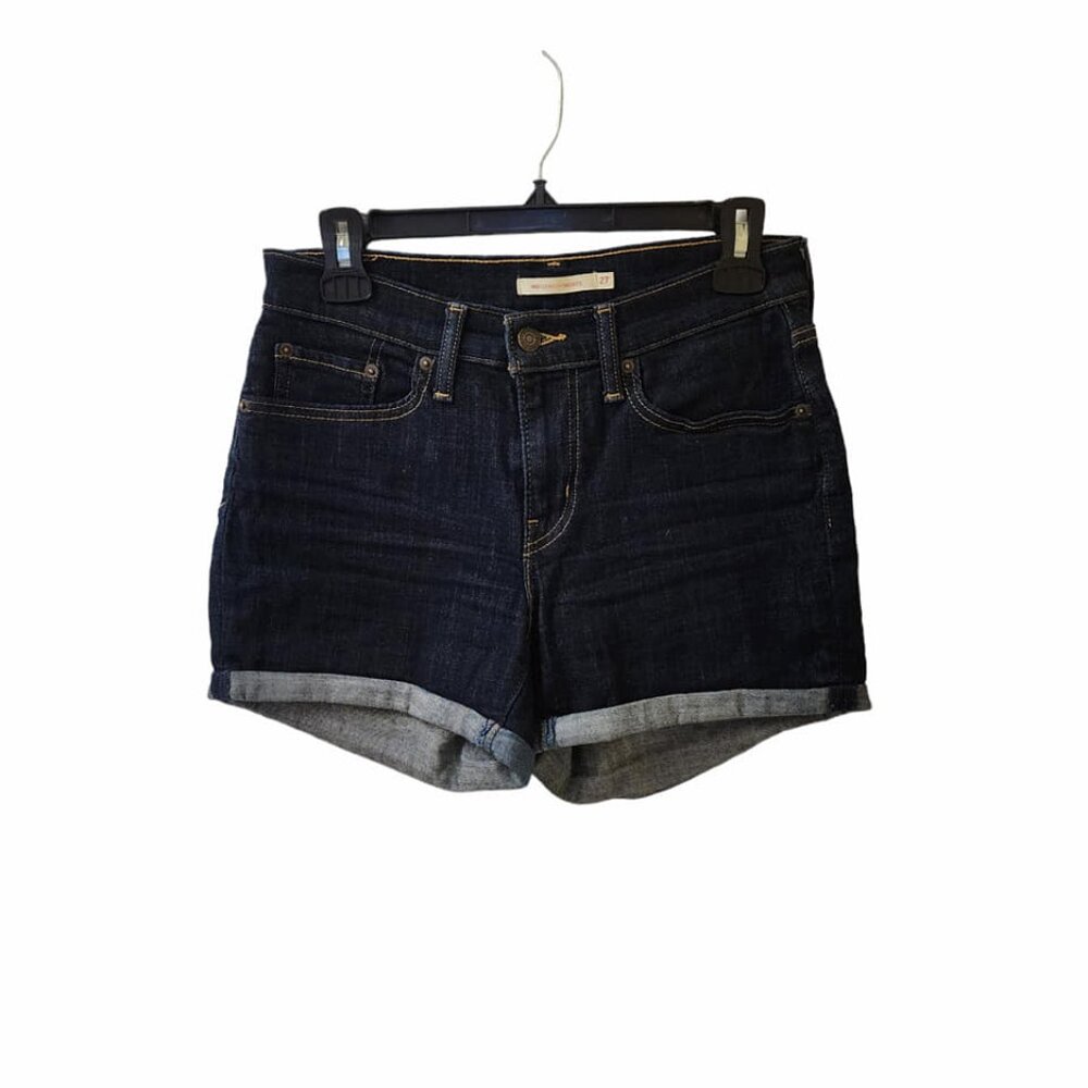 Levi's Dark Blue Mid Length Midi Jean Shorts Size 27 Cuffed Mid Rise